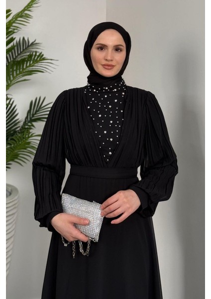 Barniy Önü Taşlı Abiye Siyah