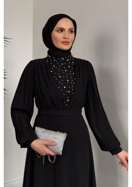Barniy Önü Taşlı Abiye Siyah