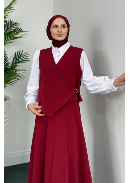 Albrey Düğmeli Cepken Etek Takım Bordo