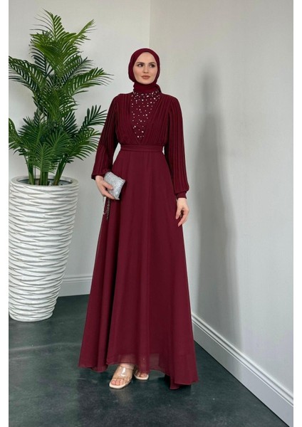 Barniy Önü Taşlı Abiye Bordo