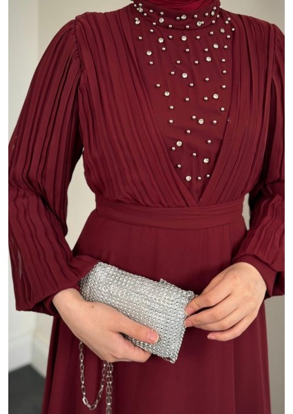 Barniy Önü Taşlı Abiye Bordo modelleri