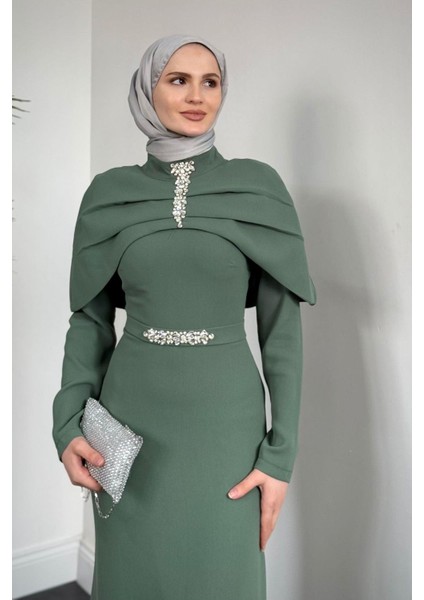 Mariam Pelerinli Kuyruklu Krep Abiye Haki modelleri