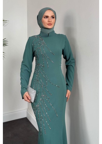 Frezya Yanı Taşlı Balık Abiye Mint modelleri