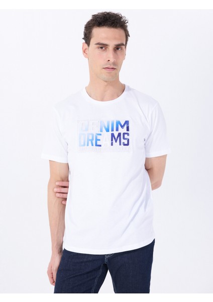 Bisiklet Yaka Baskılı Beyaz Erkek T-Shirt M5SM-TST1292
