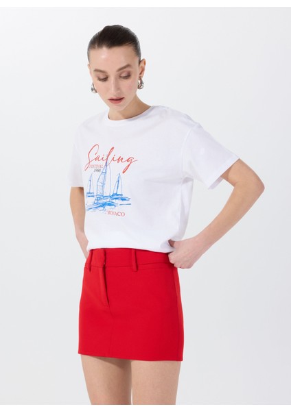 Bisiklet Yaka Baskılı Beyaz Kadın T-Shirt F5SL-TST0467