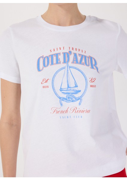 Bisiklet Yaka Baskılı Beyaz Kadın T-Shirt F5SL-TST0466 modelleri