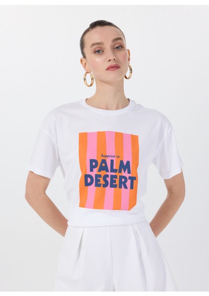 Bisiklet Yaka Baskılı Beyaz Kadın T-Shirt F5SL-TST0437