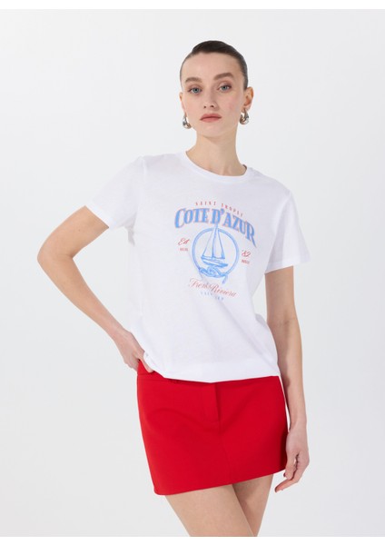 Bisiklet Yaka Baskılı Beyaz Kadın T-Shirt F5SL-TST0466