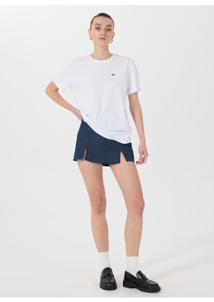 Bisiklet Yaka Baskılı Beyaz Kadın T-Shirt M5SL-TST1829