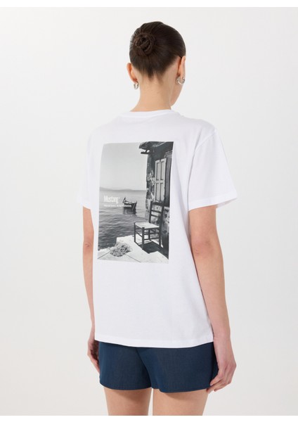 Bisiklet Yaka Baskılı Beyaz Kadın T-Shirt M5SL-TST1829 fırsatları