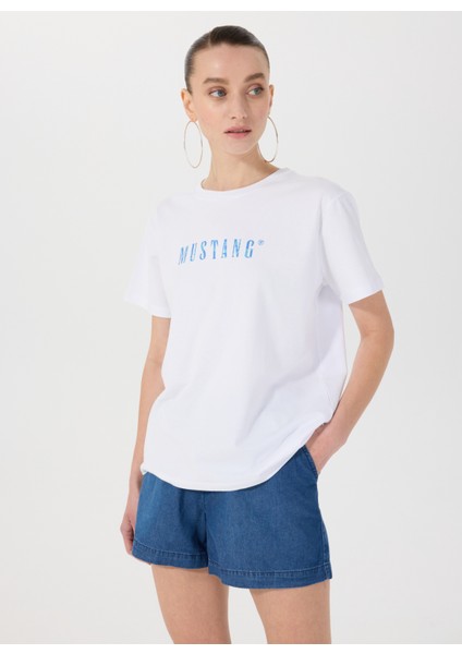 Bisiklet Yaka Baskılı Beyaz Kadın T-Shirt M5SL-TST1860