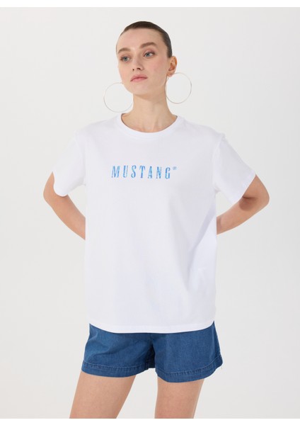 Bisiklet Yaka Baskılı Beyaz Kadın T-Shirt M5SL-TST1860 modelleri
