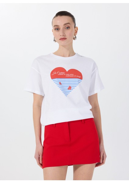 Bisiklet Yaka Baskılı Beyaz Kadın T-Shirt F5SL-TST0426
