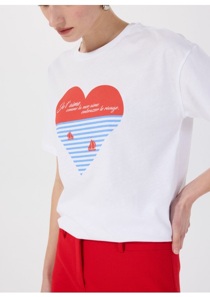 Bisiklet Yaka Baskılı Beyaz Kadın T-Shirt F5SL-TST0426 modelleri