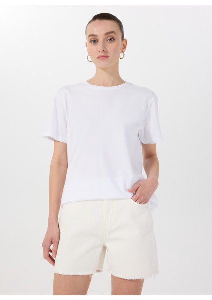 Bisiklet Yaka Baskılı Beyaz Kadın T-Shirt M5SL-TST1863 modelleri