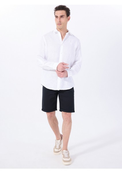 Beyaz Erkek Relaxed Fit Nakışlı %100 Keten Gömlek M5WM- GML1557