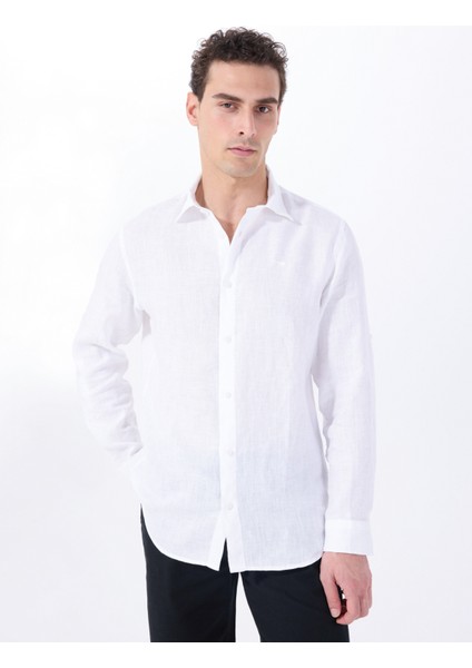 Beyaz Erkek Relaxed Fit Nakışlı %100 Keten Gömlek M5WM- GML1557