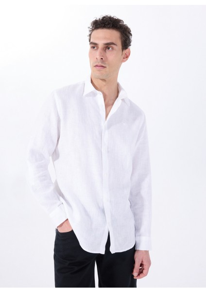 Beyaz Erkek Relaxed Fit Nakışlı %100 Keten Gömlek M5WM- GML1557