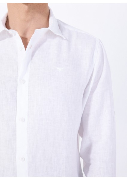 Beyaz Erkek Relaxed Fit Nakışlı %100 Keten Gömlek M5WM- GML1557