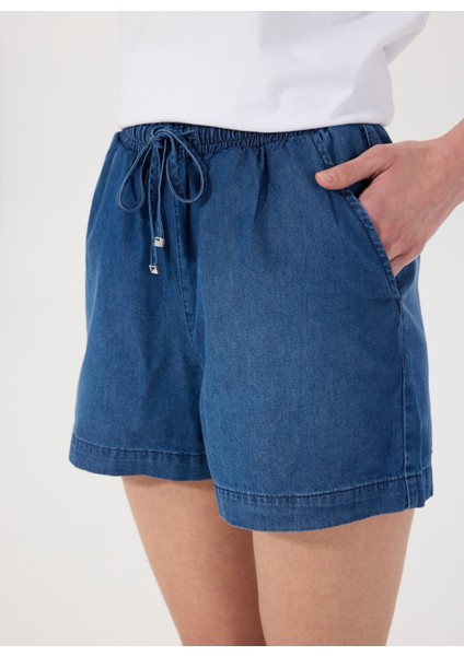 Lastikli Bel Normal Lacivert Kadın Denim Şort M5SL-SRT1102