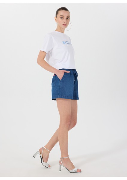 Lastikli Bel Normal Lacivert Kadın Denim Şort M5SL-SRT1102