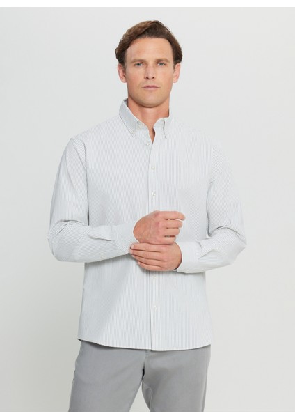 Comfort Fit Düğmeli Yaka Gri - Beyaz Erkek Gömlek ACE020252227_GBY modelleri