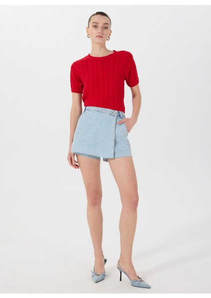 Bisiklet Yaka Normal Örgü Desenli Kırmızı Kazak Kadın M5SL-KZK1111