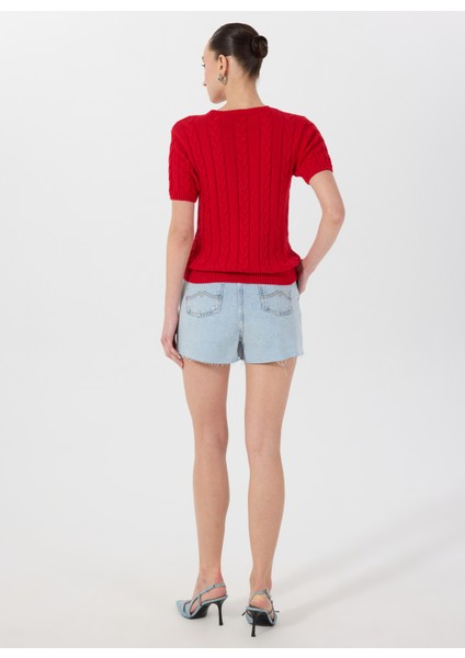 Bisiklet Yaka Normal Örgü Desenli Kırmızı Kazak Kadın M5SL-KZK1111 fırsatları