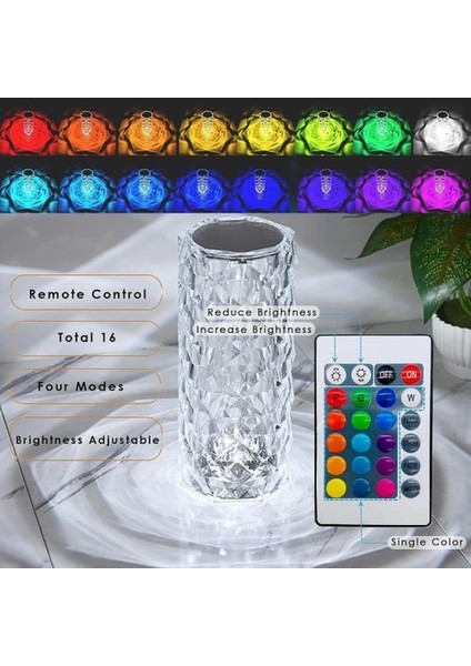 Kristal Elmas Masa Lambası 16 Renk USB Şarjlı Dokunmatik (4887)