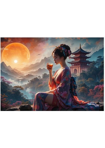Gün Batımı Çay Içen Japon Kadın Mdf Tablo