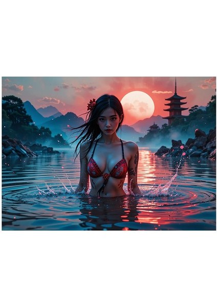Gün Batımı Nehirde Japon Kız Mdf Tablo