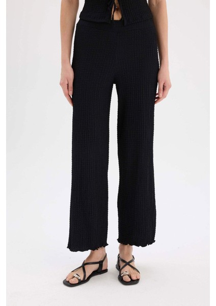Wide Leg Geniş Paça Beli Lastikli Basic Düz Bürümcük Pantolon D3570AX25SP