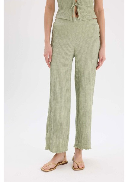 Wide Leg Geniş Paça Beli Lastikli Basic Düz Bürümcük Pantolon D3570AX25SP