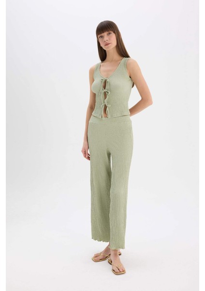 Wide Leg Geniş Paça Beli Lastikli Basic Düz Bürümcük Pantolon D3570AX25SP