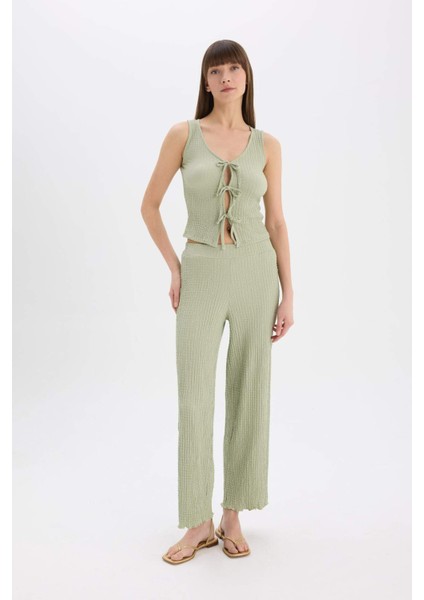 Wide Leg Geniş Paça Beli Lastikli Basic Düz Bürümcük Pantolon D3570AX25SP