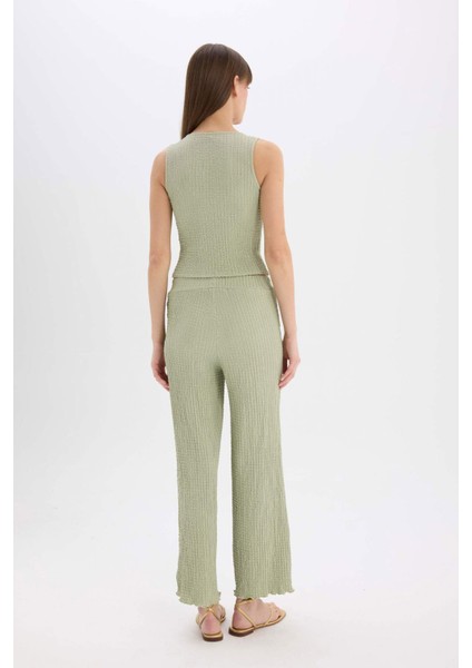 Wide Leg Geniş Paça Beli Lastikli Basic Düz Bürümcük Pantolon D3570AX25SP