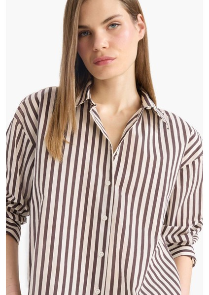Loose Fit Çizgili Poplin Uzun Kollu Gömlek F0403AX25SM