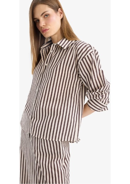 Loose Fit Çizgili Poplin Uzun Kollu Gömlek F0403AX25SM