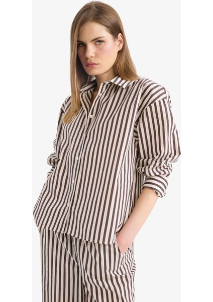 Loose Fit Çizgili Poplin Uzun Kollu Gömlek F0403AX25SM