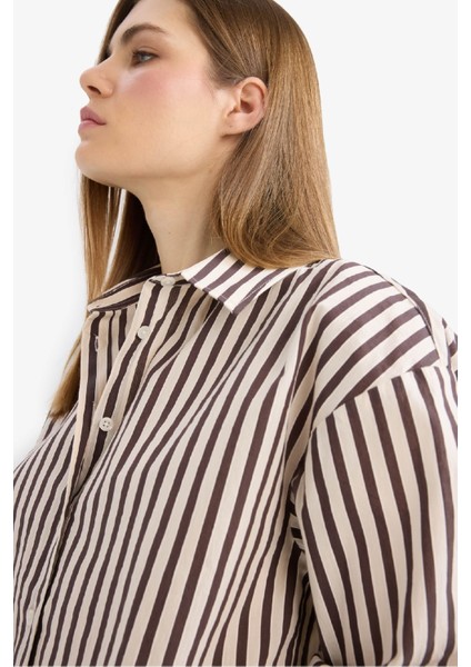 Loose Fit Çizgili Poplin Uzun Kollu Gömlek F0403AX25SM