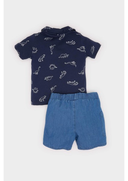 Erkek Bebek 2'li Takım Dinozor Desenli Gömlek Beli Lastikli Kısa Jean Şort Alt E8174A525SM fırsatları