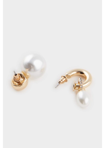 Kadın 2'li İncili Gold Küpe E6736AXNS