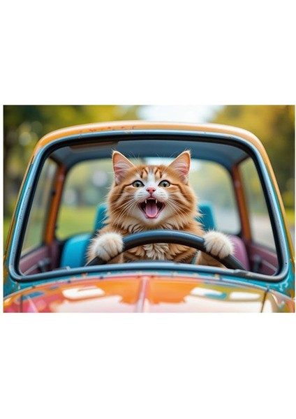 Araba Kullanan Sevimli Kedi Mdf Tablo