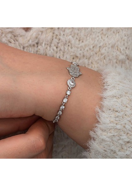 Gümüş Zirkon Taşlı Fatma Ana Eli Kadın Bileklik fırsatları