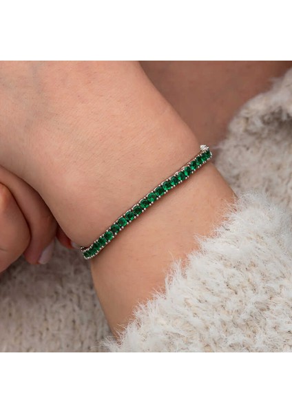 Gümüş Yeşil Zirkon Taşlı Su Yolu Kadın Bileklik modelleri