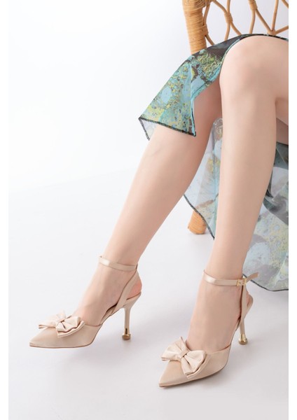 İNF-4505 Bej Saten Günlük Arkası Açık Kurdele Detaylı Topuklu Bayan Ayakkabı