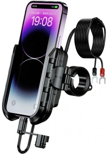 Mr Plus Motosiklet Telefon Tutucu Usb-C Şarjlı (Gidon ve Ayna Bağlantı Aparatlı)