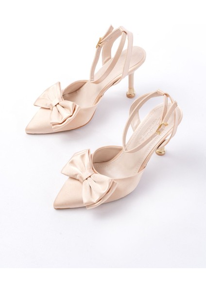 İNF-4505 Bej Saten Günlük Arkası Açık Kurdele Detaylı Topuklu Bayan Ayakkabı modelleri