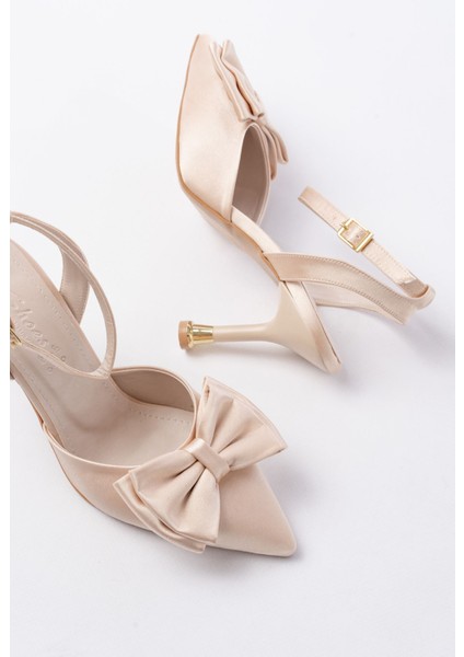 İNF-4505 Bej Saten Günlük Arkası Açık Kurdele Detaylı Topuklu Bayan Ayakkabı fırsatları