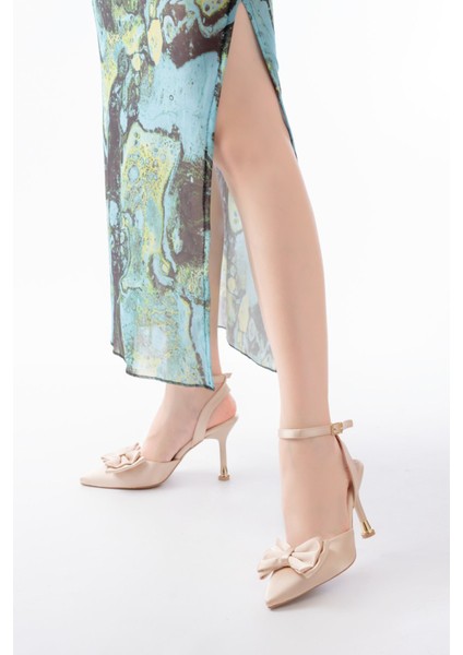 İNF-4505 Bej Saten Günlük Arkası Açık Kurdele Detaylı Topuklu Bayan Ayakkabı fiyatları